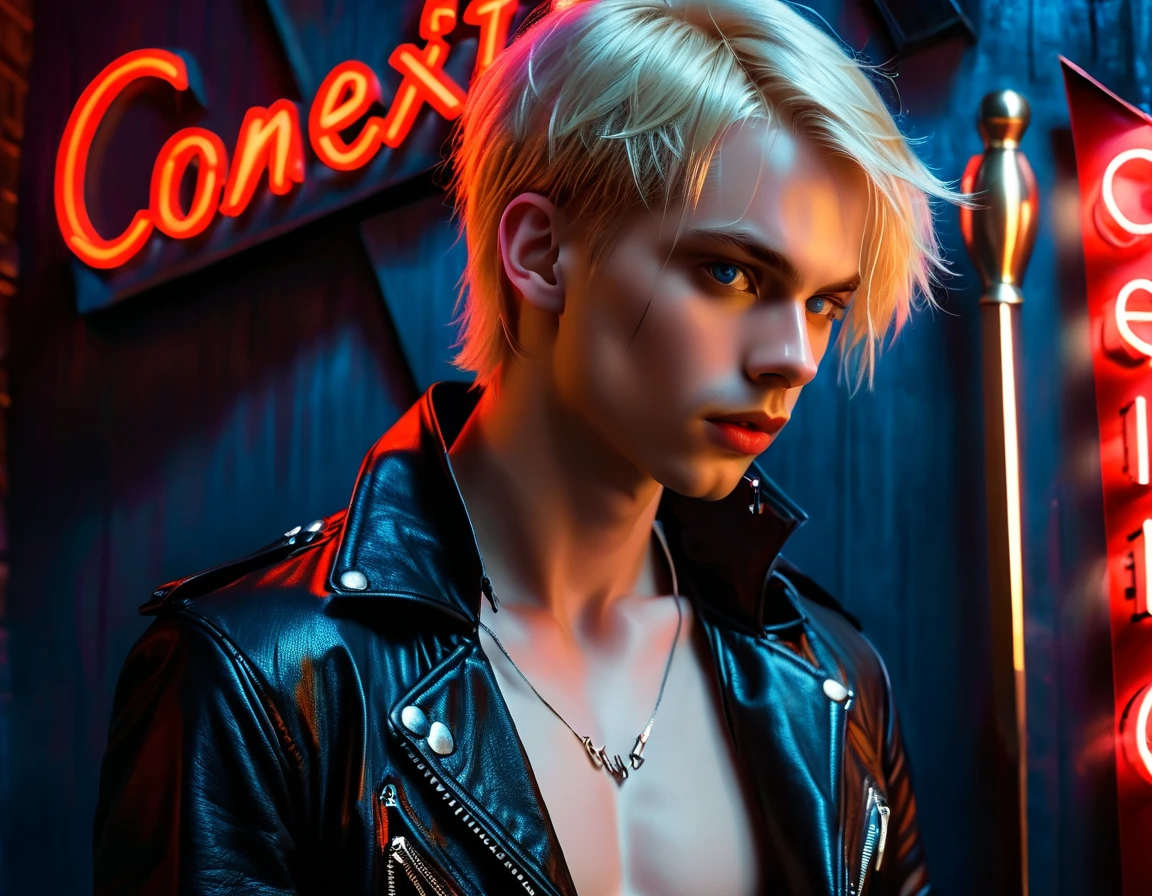 Hyper realistic, dark vibes, solo, young man, feminine face, 22 years, pale skin, model (skinny:1.2), blue eyes, (short textured blond hair:1.2), tussled side swept fringe to the right, black leather jacket, holding knife, night BDSM club background, foreboding, sexy, attractive, demon, (red neon sign that says "CONTEXT":1.2)