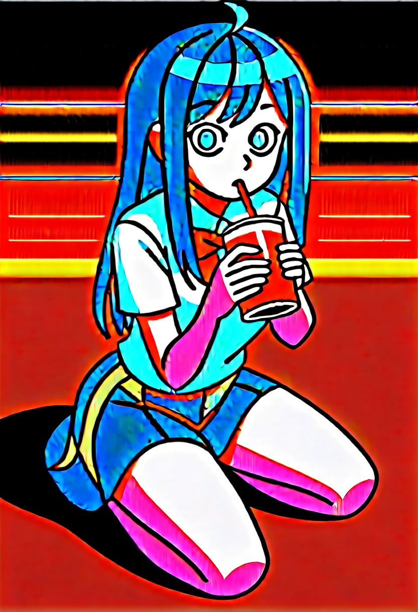 (masterpiece, best quality, very aesthetic, ultra detailed), intricate details, 1girl,,anna_yanami, skirt, blue eyes, blue hair, bow, shirt, ahoge, short sleeves, grey skirt, pleated skirt, , drinking, soda, straw in soda glass, kneeling, wooden floor, looking at viewer, surprised facial expression,shoulder length hair,dynamic pose