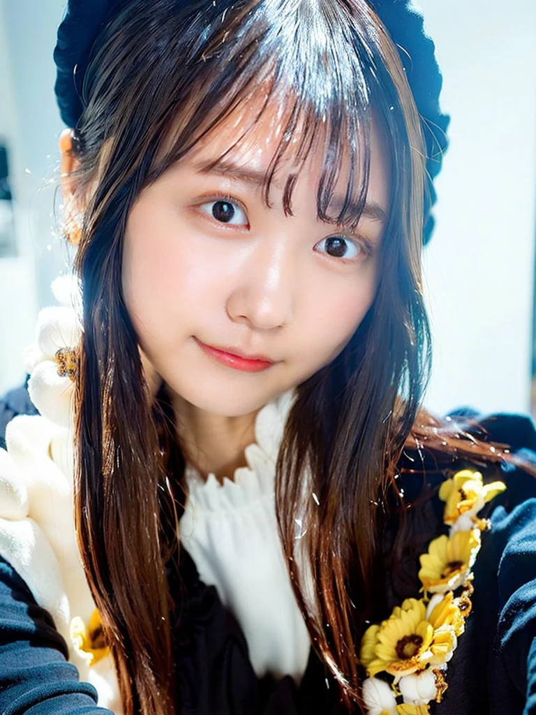 (top-quality、8k、32K、masuter piece、nffsw:1.2)、、profile、(slim figure:1.2)、(s lips) 、17 age、Pink blouse、Colossal 、double eyelid、shinny skin、Realistic rayare、beauitful face、(A smile:1.3)、crouching down、(From  above:1.2)、(a closeup:1.4)、blurry backround、(Front Focus)、(dark: 1.6)、Fantasy Art、photoRealstic、Professional Lighting、extra detailed face、Award-winning、deep-shadows、brown hair,ズームレイヤー, captures a selfie:1.5