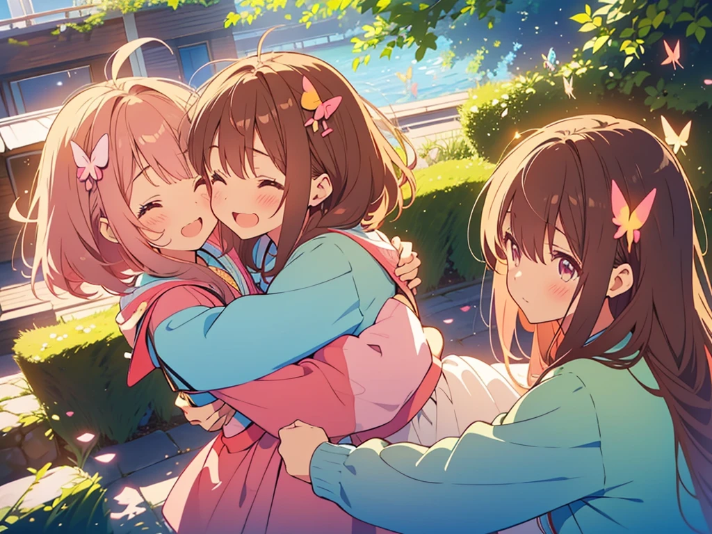 kawaii, anime, Cute, hyper quality, highly detailed, 8k, Clarity, Two girls with brown hair and pink hair, One person has long dark brown hair and green eyes., The other is a young girl with a bright pink short bob and scarlet eyes., Hug each other in Europe's natural water gardens, shed tears, A touching reunion, warm atmosphere, clear blue sky, jump on, whole body, clear air, planted flowers and greenery, Draw facial expressions in detail, highlight on eyes, Close your eyes and cry and laugh, pull perspective, hoodie, Uplifting, jump and hug, Draw the whole body of both of them, light dances, pink hair, Netherlands, pick up a , A small butterfly of light dances,