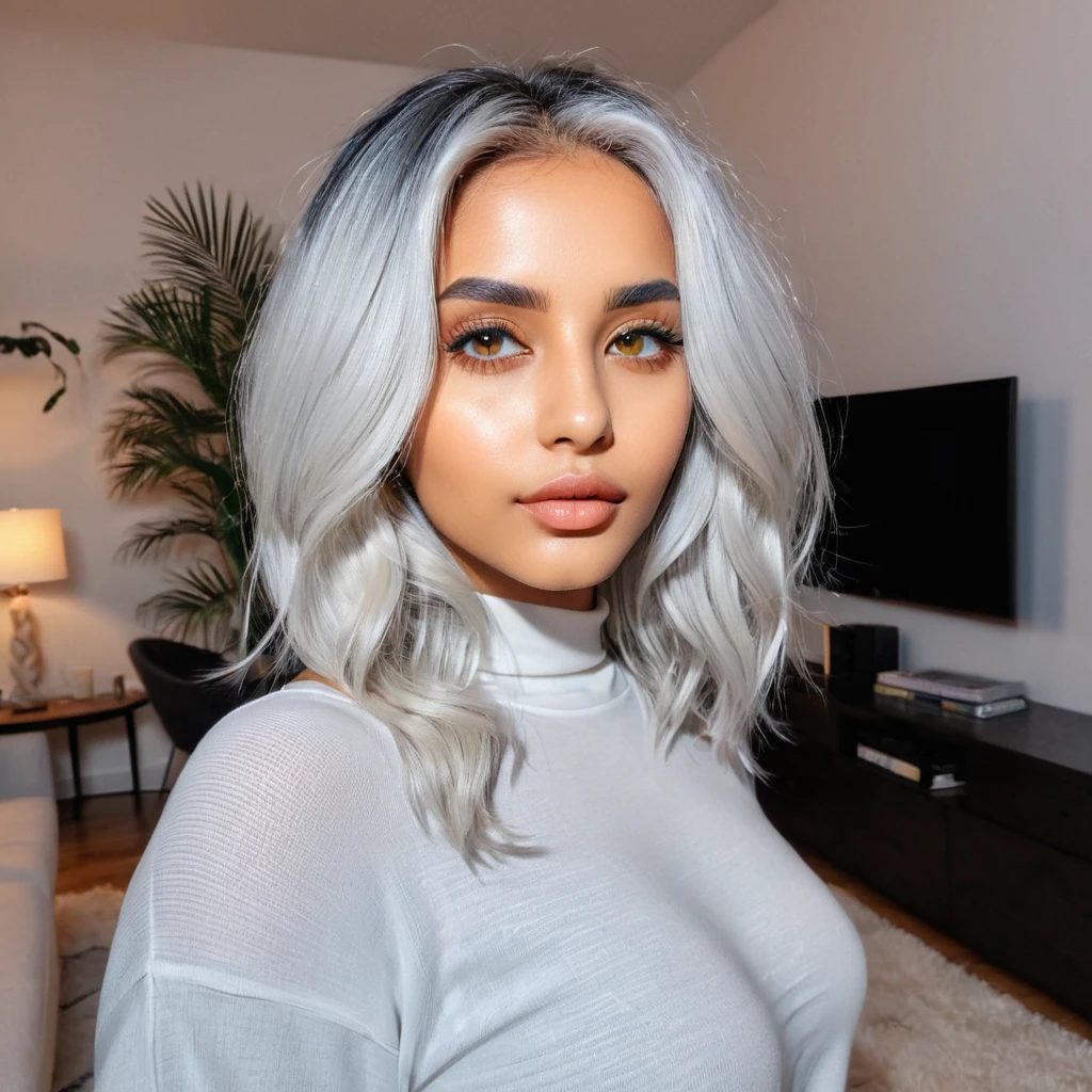 Full body image of a beautiful of a 20 year old Arabian exotic Instagram model, taken with iphone camera, medium shot selfie of a pretty young woman, (ombre:1.3) vibrant silver/white dyed hair bright, ambered-colored eyes, film grain, best quality, shoulder-length hair, featuring a beautiful light-colored silver white hair style, and she is wearing a gray top with a high neckline. Laying In the living room. Nice lips.