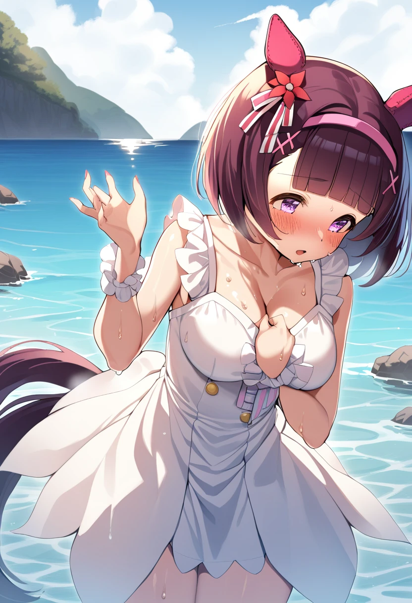 1 Girl,Nishino flower\(umamusume\),umamusume,shiny skin,sweat,blush,large breasts,sundress,white dress,see-through,standing,dress pull,water,sea,cowboy shot,masterpiece,best quality,very aesthetic,mid,absurdres,