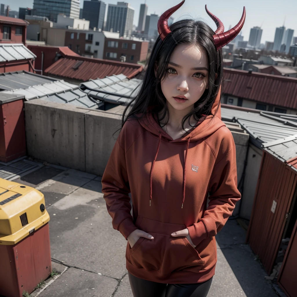 Succubus, red skin, small horns, yellow eyes, long black hair, maroon hoodie, walking on the roof 