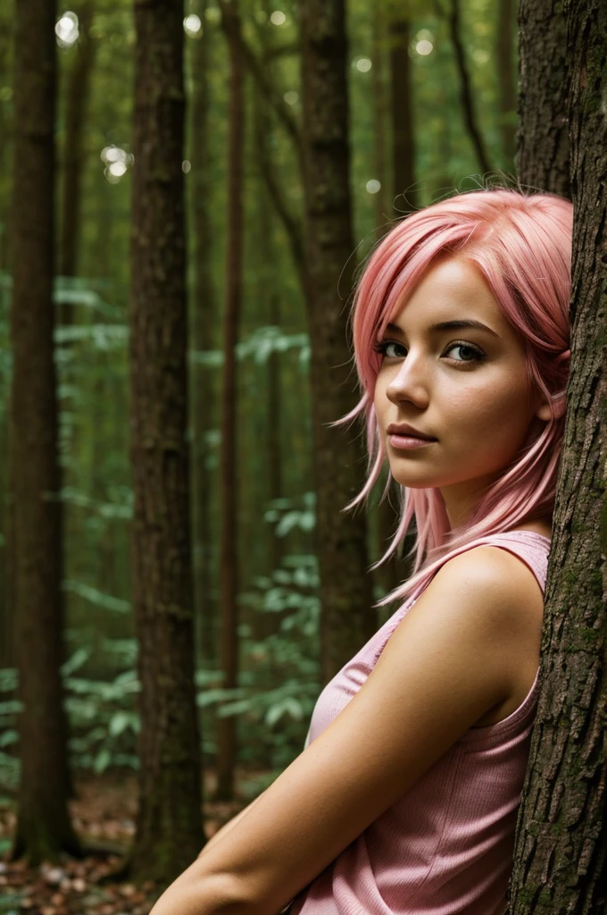 tween, elf nude, forest, pink hair