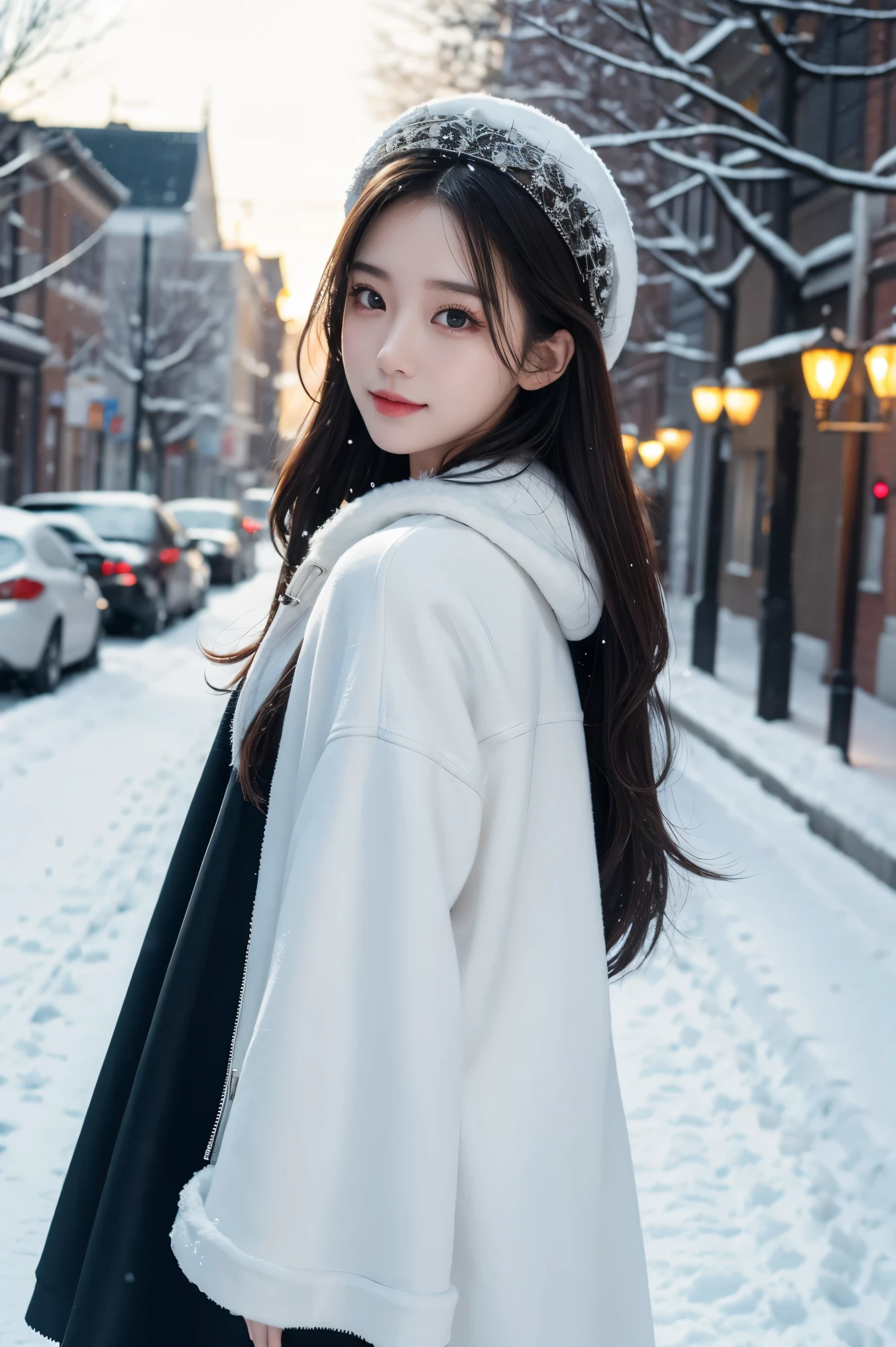 ((best qualtiy, 8K, tmasterpiece:1.3)), Focus:1.2, perfect figure beautiful woman:1.4, Cocked buttocks:1.2, ((long whitr hair)), (Wool cloak:1.1) , (Falling snow, street，stop，copse，snow cover:1.3),Lace aristocratic ****ta costume:1.1, Highly detailed facial and skin texture, A detailed eye, double eyelid，Whiten skin，ssmile，huge tit，Cinematic lighting，Detailed details，Real hair and skin，