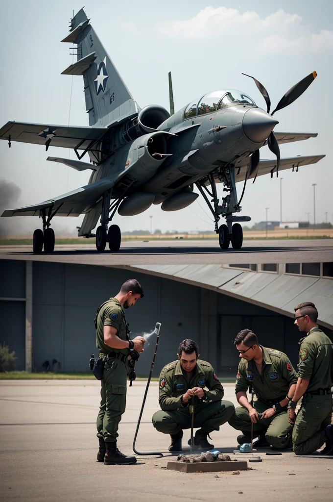 four men cleaning a bomb from a fighter plane
