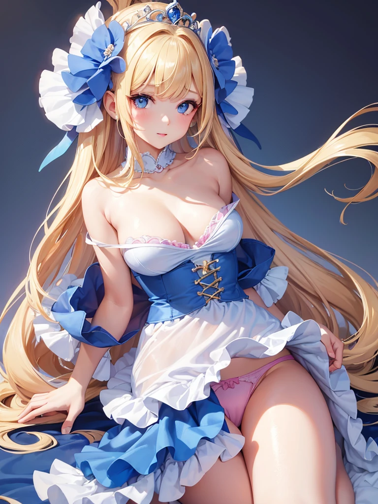 bare breasts、(satin、silk、(Blue panties))、Highest quality, Super Fine, 16K, Incredibly absurd, Very detailed, Beautiful and cute woman, shy, Big, bright eyes, Blonde double-sided princess hairstyle, Princess-like pink ruffled long flare skirt dress, Simple color background