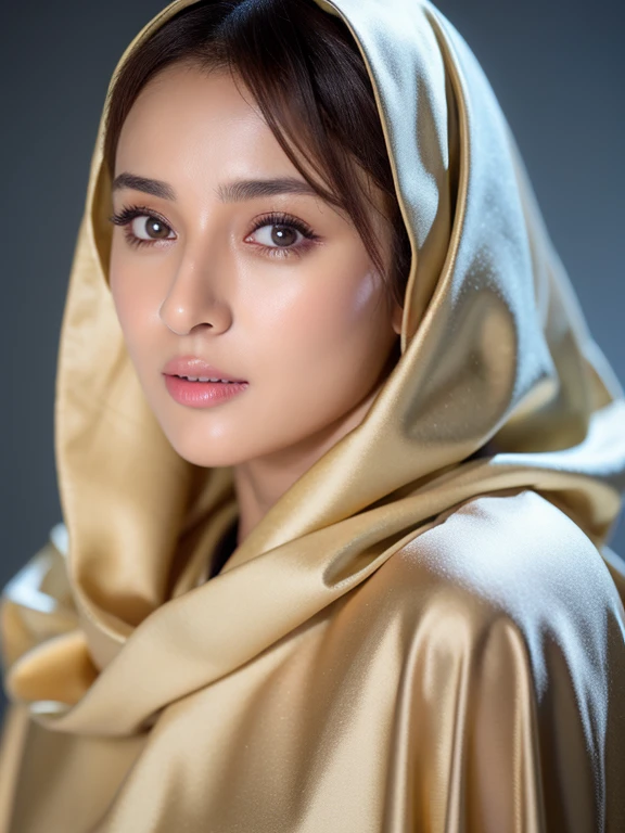 ((best quality)), ((masterpiece)), (detailed), (photorealistic:1.4) RAW photo of a 24 year old Arab girl wearing hijab, satin abaya, satin, hijab face portrait, neutral background, 8k uhd, dslr, soft lighting, high quality, film grain, Fujifilm XT3, covered dress, decent dress, white background