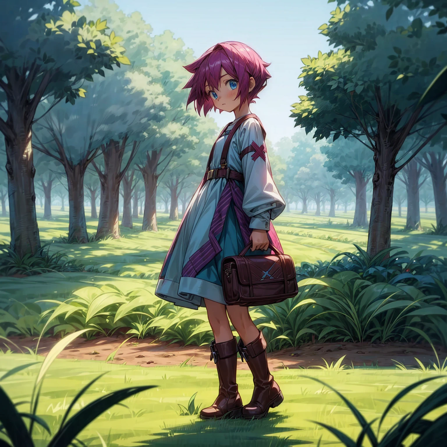 1childern girl, Full body version, 1character, blue eyes, short haircut, magenta color hair, Farmer style outfit, Boots, Grassroots, full background in field town, motion blur, lighting, (Hunter x Hunter style art)