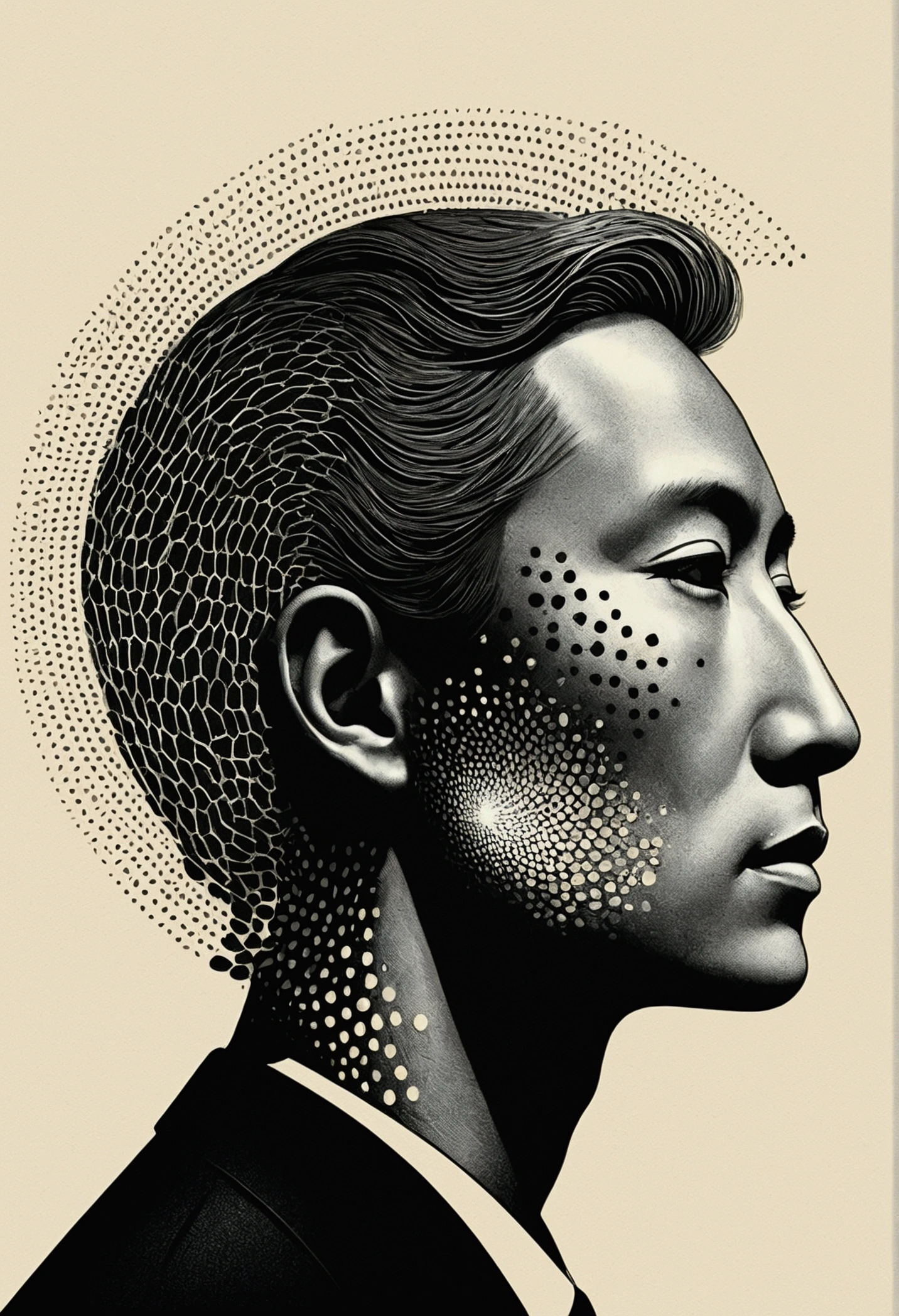 ch,(style of Hiroshi Nagai,style of ZdzisÅaw BeksiÅski),Award winning halftone pattern illustration,Sun_profile,face_profile,Half face and half plane,Halftone pattern,genre defining mixed media collage painting,higly textured,fringe absurdism,simple flowing shapes,subtle shadows,paper texture,minimalist color scheme,golden_ratio,