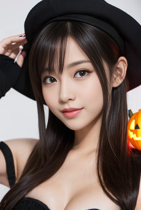 1girl,extremely cute girl,beautiful girl,ultra detailed girl,detailed dropped eyes,charming smile,japanese young girl,halloween costume,monster costume,pumpkin,jack-o'-lantern,best quality,4k,8k,highres,masterpiece,ultra-detailed,realistic,photorealistic,photo-realistic,vivid colors,studio lighting