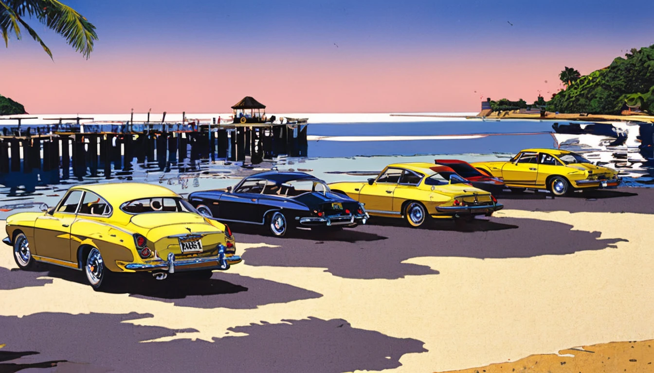 Highest quality，masterpiece，Hideto Suzuki,Classic Cars, Beach，Marina, sports car, sunset，Nostalgia