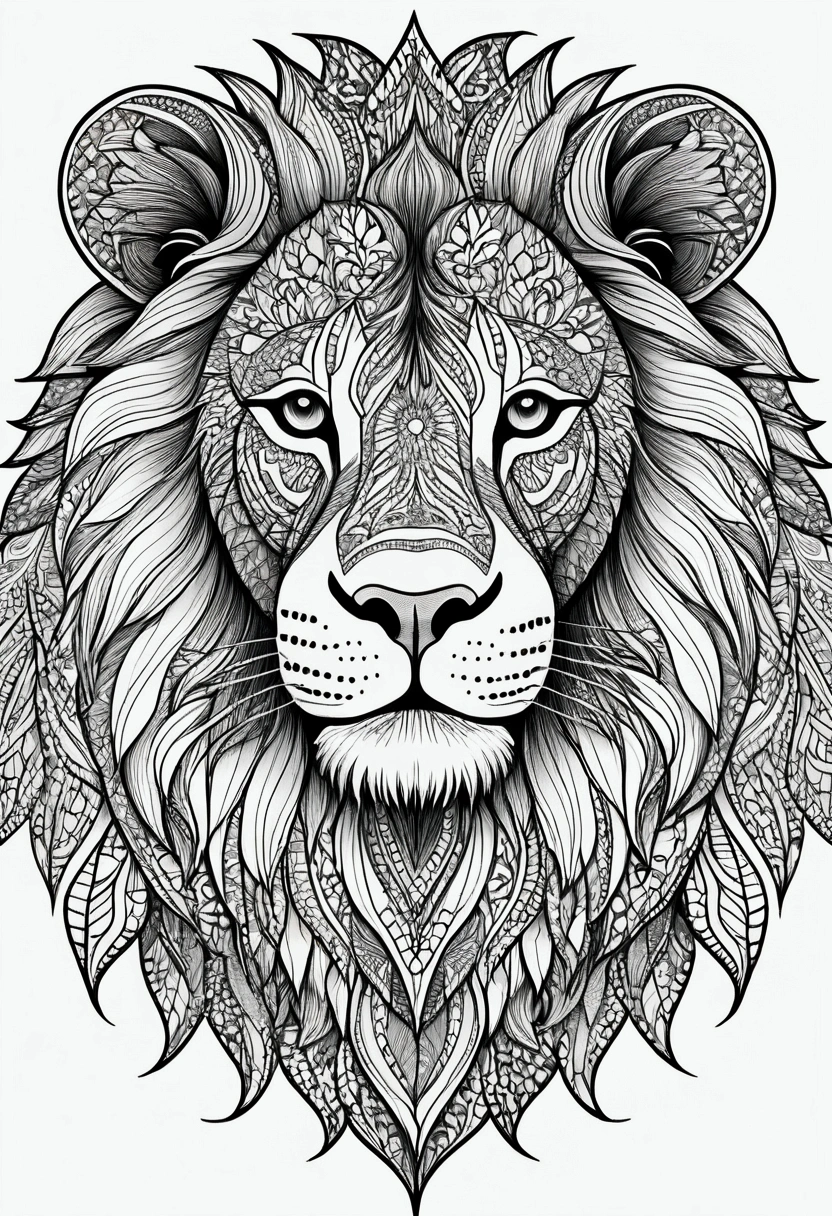 Lion, black and white, zentangle (best quality) ultra-detailed, thick line drawing, coloring book illustration style, intricate linework thick enough to fill in with colors, perfect composition, beautiful and stunning, dynamic angle, no shading, unique style, black and white details, intricate and detailed nature elements. Keep background plain white, no art in the background.