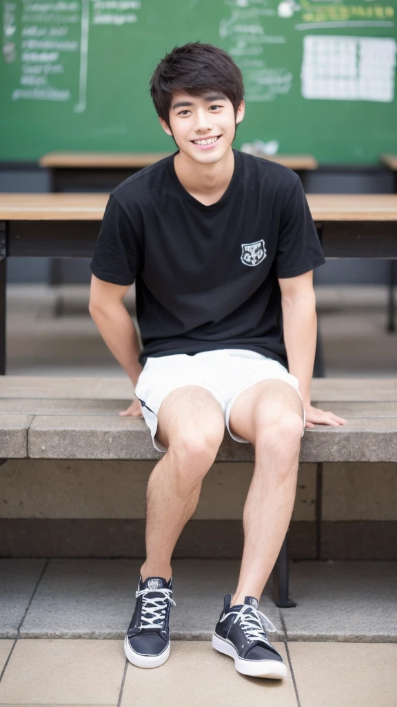 Japanese, male, university student, Wearing shorts, Sitting, ((full body)), (super sharp focus), (Hairy legs), smile, Anatomically correct, 