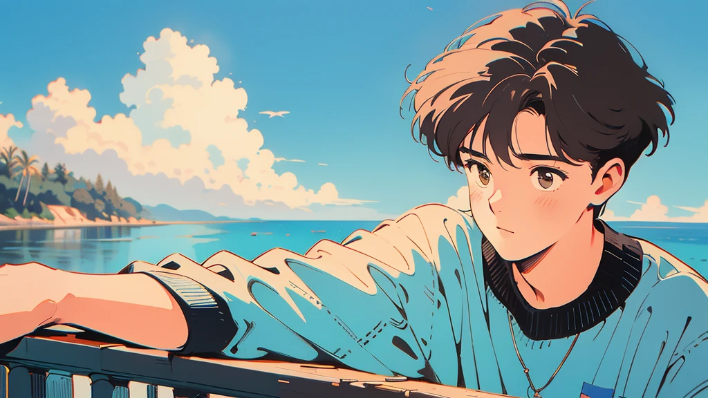 best quality, 4k wallpaper, masterpiece, very detailed CG Unity 8k 벽지, very detailed 눈, very detailed, intricate details, retro, Library Landscape, brown hair 20 year old boy, Looking at the entire upper body, incredibly blue sea background, Incredibly blue cloudy sky background