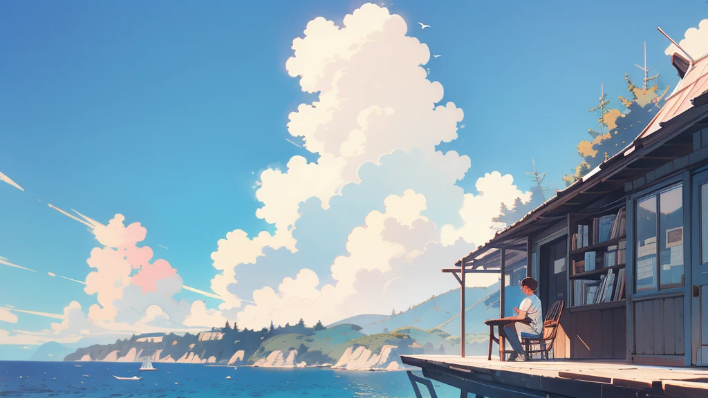 best quality, 4k wallpaper, masterpiece, very detailed CG Unity 8k 벽지, very detailed 눈, very detailed, intricate details, retro, Library Landscape, brown hair 20 year old boy, Looking at the entire upper body, incredibly blue sea background, Incredibly blue cloudy sky background