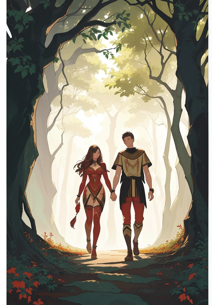 A man and a woman walking through the forest holding hands, Adam and Eve, Animal Skin Tribal Outfit , The Fall of Man, surrounded by thorns, artistic concept for a book cover