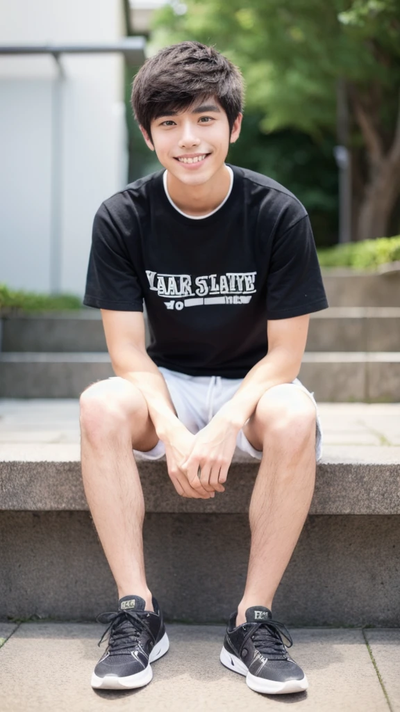 Japanese, male, university student, Wearing shorts, Sitting, ((full body)), (super sharp focus), (Hairy legs), smile, Anatomically correct,