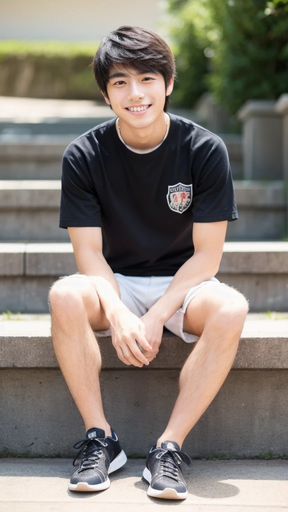 Japanese, male, university student, Wearing shorts, Sitting, ((full body)), (super sharp focus), (Hairy legs), smile, Anatomically correct,