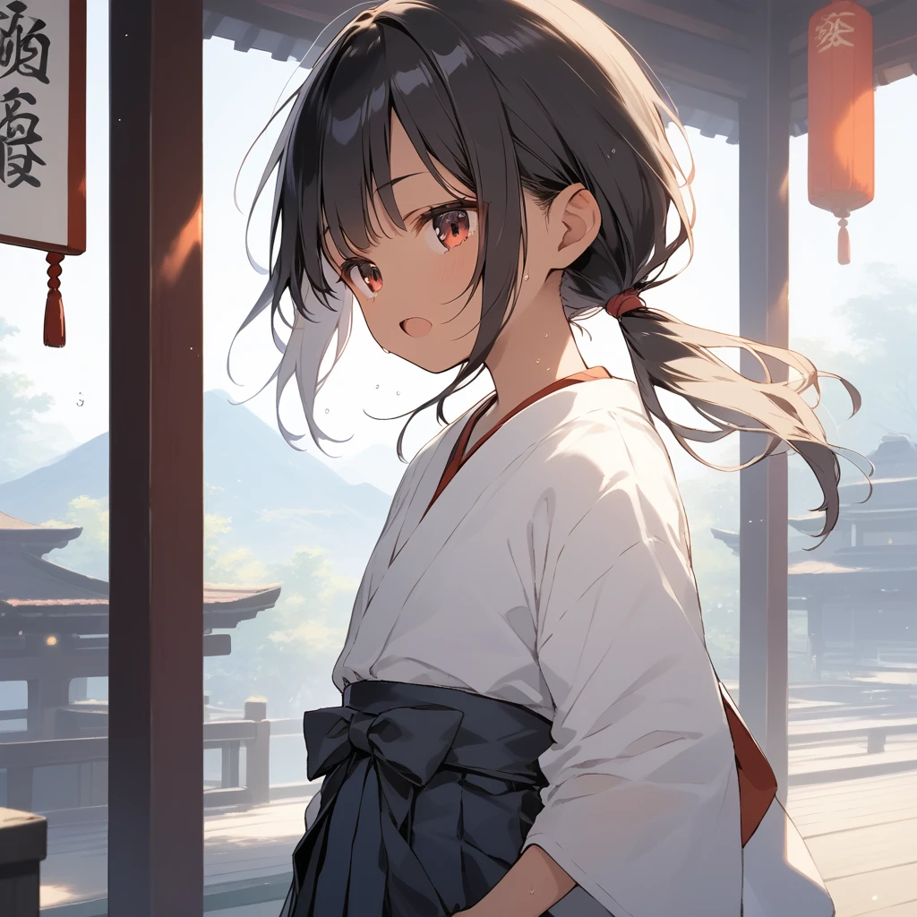 score_9, score_8_up, score_7_up, source_anime, best quality, masterpiece, official art, absurdres, highres, ultra-detailed,waifu2x,Collection: Slice of Life,break,1girl, tomboy, dark-skinned female, short hair, low ponytail, flat chest, beautiful detailed eyes, miko, hakama shorts, sweat, open mouth, (yawn:0.3), sleepily, outdoors, shrine, wind,break,(clear line illustration:1.2), super detailed skin,very high resolution, very aesthetic, Best sexual lighting powered by famous artist, 8k,cute picture,beauty illustration,photoshop_(medium),,(Detailed Lighting),best anime 8k konachan wallpaper, pixiv contest winner,