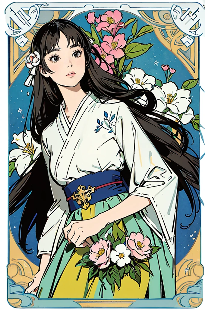 Tarot Cardasterpiece、Highest quality、Amazing details、Detailed Background、Line art、Written boundary depth、Flat Shading、Mucha style、Art Nouveau、Botanical Art、Flower Art、Surrounded by many flowers、、girl、15 years old、Japanese idol costumes from the 1980s、Vintage Color、colorful、Anatomically correct、plump、Expressive eyes、Perfect Face、Black Hair、Long Hair、Embarrassing、She is blushing