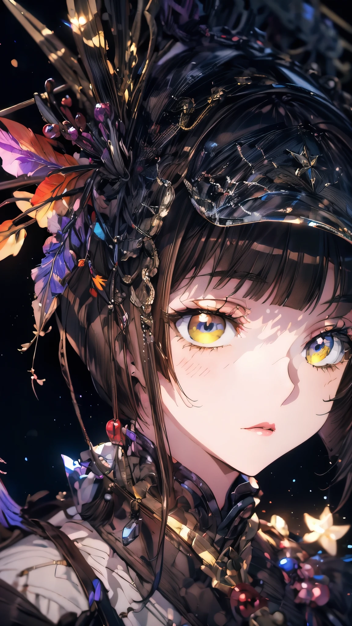 (Highest quality),(masterpiece), 8k,Very detailed, Detailed light, Best Shadow,Detailed reflective eyes, Beautiful Eyes, Very detailedな顔,Shiny Hair,One person,Gloss,semi-long,Black Hair,Iris,enchanting,Expressionless,Quiet anger,full moon,hair ornaments,whole body,front,On a journey to another world led by the moon,my,Mio,fan,looking at the camera,darkness,face is dirty for painting,Dynamic Angle,