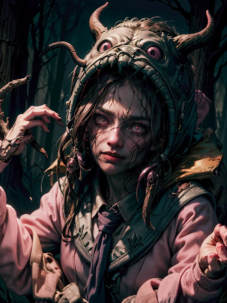 scary, (pink school uniform:1.4), floresta scary, lost in the dark wood, (at night:1.2), monsters, glare eyes, (perfect skin:1.2), DarkWoodsStyle