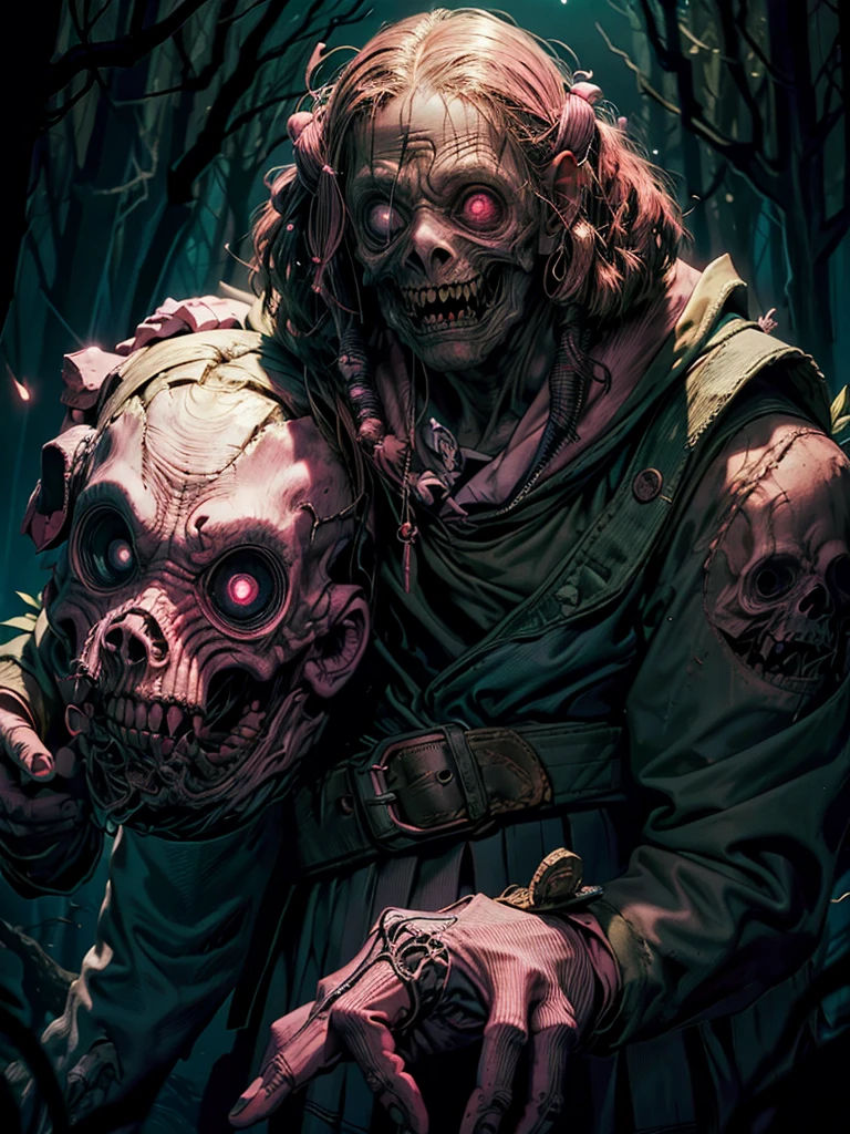 scary, (pink school uniform:1.4), floresta scary, lost in the dark wood, (at night:1.2), monsters, glare eyes, (perfect skin:1.2), DarkWoodsStyle