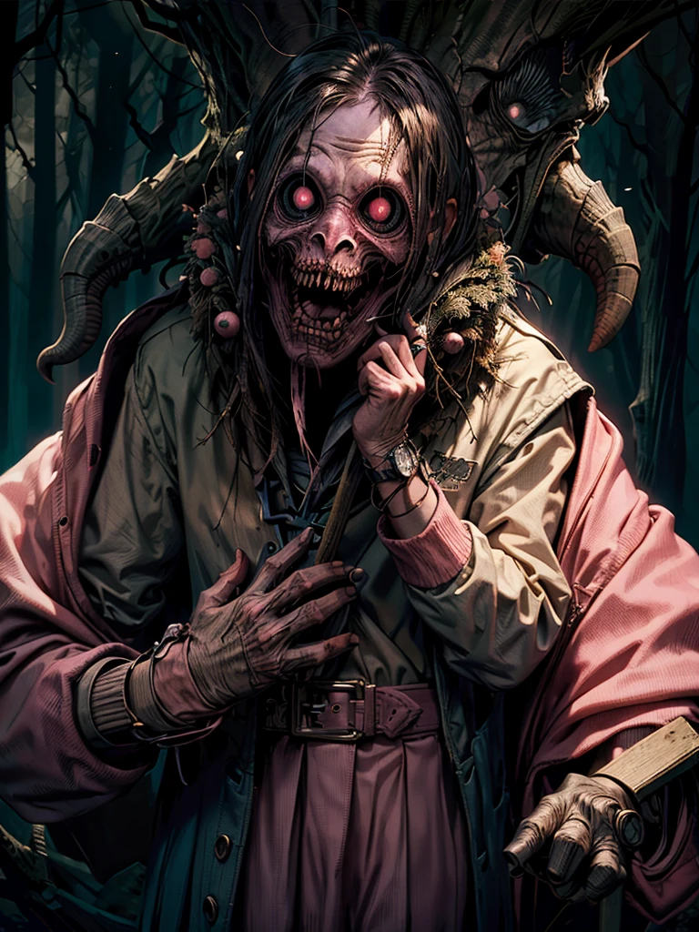 scary, (pink school uniform:1.4), floresta scary, lost in the dark wood, (at night:1.2), monsters, glare eyes, (perfect skin:1.2), DarkWoodsStyle