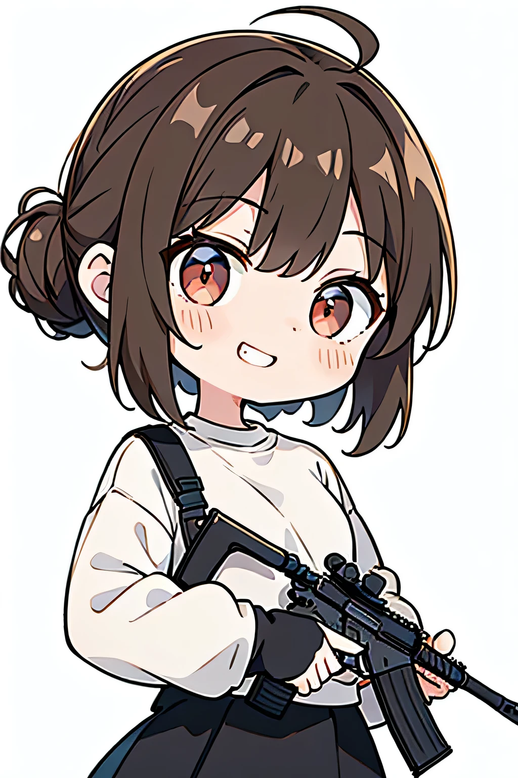 masterpiece, best quality, detailed, ((( 1 girl ))), ( light brown hair ) , ( single chignon hairstyle:1.3 ), ( the bangs are even:1.3 ), ahoge , small breasts , ( oversized white sweatshirts on tight black inner:1.3 ) , short length black skirts , slender style, ( facing the front ) , smile , ((( chibi character ))) , grin , white teeth , upper body , ( from front:1.3 ) , deep red big eye , ( simple white background:1.3 ) , ( holding assault rifle:1.2 )