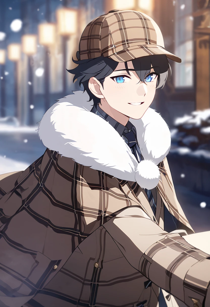 masterpiece,best quality,depth of field,8k,뷰어를 Overlooking,man,dark gray hair,blue eyes,(charismatic eyes 1:1),chic,black hair,Blue Eyes,wrote deerstalker,Light brown striped frock coat with cape,male,Overlooking,Short hair,alone,smiling,Cloak with fur on the shoulders,There is snow in the background,snowing,with arms wide open,light blush