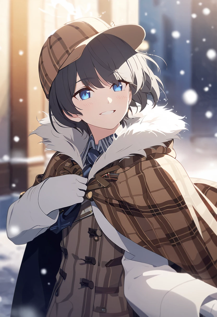 masterpiece,best quality,depth of field,8k,뷰어를 Overlooking,man,dark gray hair,blue eyes,(charismatic eyes 1:1),chic,black hair,Blue Eyes,wrote deerstalker,Light brown striped frock coat with cape,male,Overlooking,Short hair,alone,smiling,Cloak with fur on the shoulders,There is snow in the background,snowing,with arms wide open,light blush