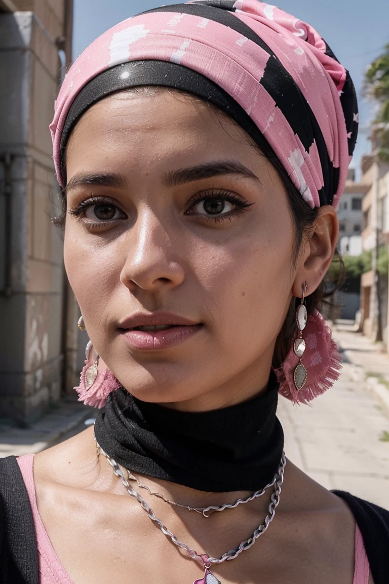 there is a woman with a pink shirt and a black and white hat, a picture inspired by Charly Amani, instagram, realism, 30-year-old woman from cuba, profile image, wearing a pink head band, mixed art, wearing a bandana and chain, leaked image, headshot profile picture, wearing a head scarf, aida muluneh