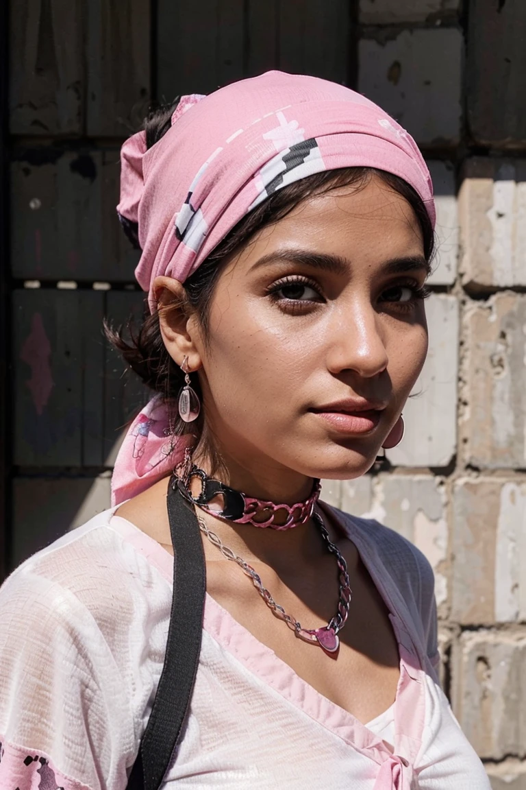 there is a woman with a pink shirt and a black and white hat, a picture inspired by Charly Amani, instagram, realism, 30-year-old woman from cuba, profile image, wearing a pink head band, mixed art, wearing a bandana and chain, leaked image, headshot profile picture, wearing a head scarf, aida muluneh