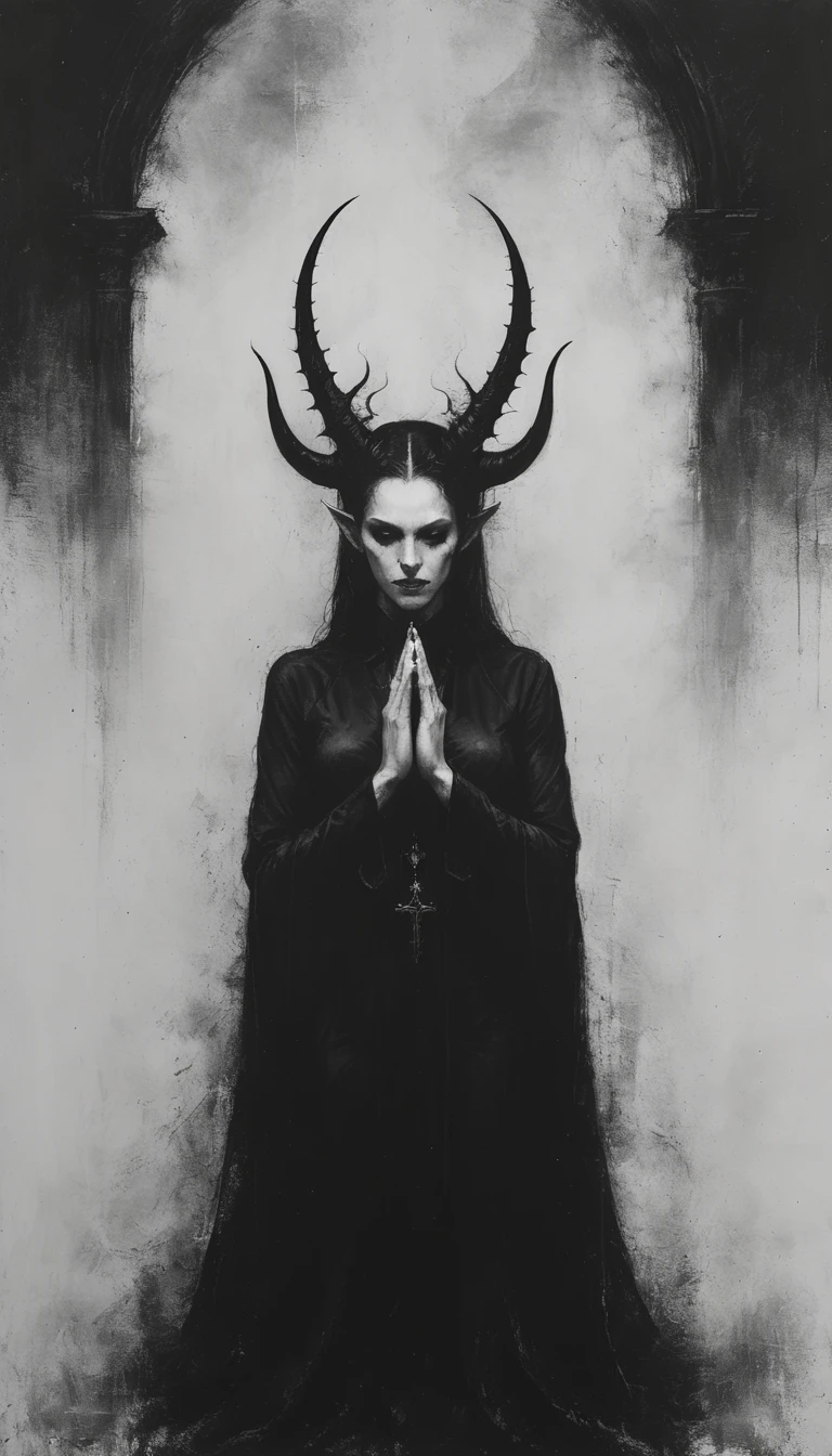 a (painting) of a holy adult succubus with symmetrical beautiful horns, in prayer, gloves, (close-up), vampire the masquerade bloodlines, incredible art, gloomy background, nimbus, church ragged vestments, darksketch, minimalism