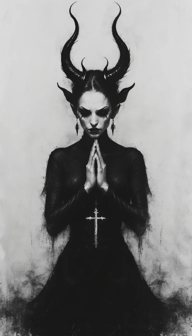 a (painting) of a holy adult succubus with symmetrical beautiful horns, in prayer, gloves, (close-up), vampire the masquerade bloodlines, incredible art, gloomy background, nimbus, church ragged vestments, darksketch, minimalism