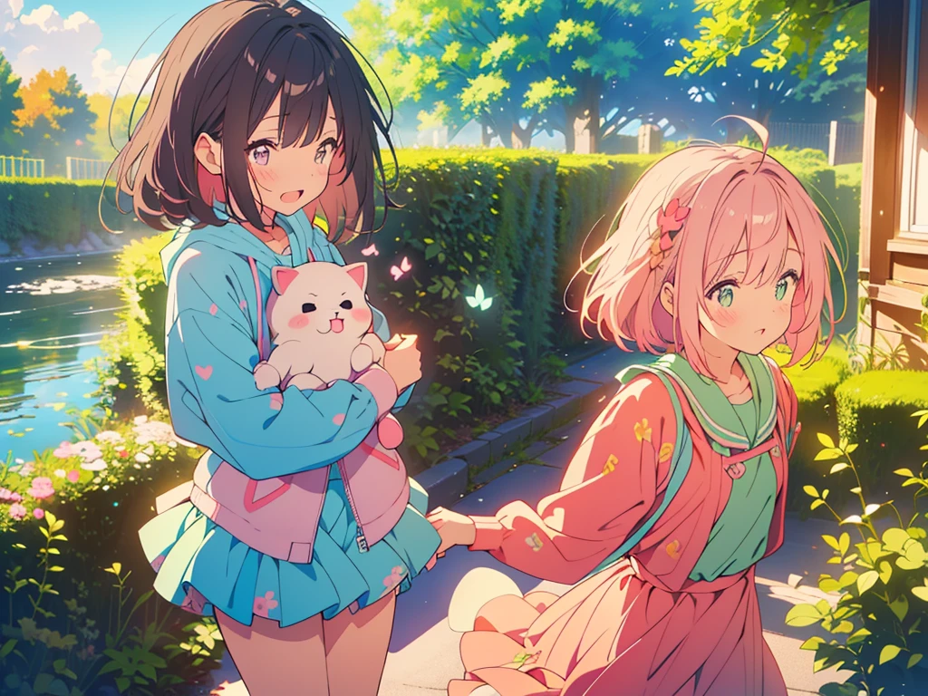 ((Two Japanese Girls、Pink Hair、 body type、name:Reina、)), ( small)), ((Facial expressions are random、various expressions、joy, anger, sorrow))、Long Hair、Bobcut, 最high quality, high quality, Highly detailed 8K wallpapers,Beautiful Eyes、かわいいWatery eye、Walking around the city、Kogal、Blonde、Brown Hair、Gray Hair、Black cat hair ornament、hot day、Sightseeing Dates、Smartphone in one hand、Cute Girls、Cute kids、Station Staff Uniform、Breast flash、Nipple peek、Touching lips、(No underwear)、Cute pussy、Suji、(Droopy eyes、Close eyelids、yawn、small口、Watery eye)、Cute Breasts、Touching the stomach、No underwear、(Large Breasts、、younger sister、classmate、woman、成熟したwoman、Yukata swimsuit)、Large Breasts、(Sweating profusely)、(Women's OL、Cute Armpits、Before menarche、Cute thighs、The most radiant thighs、barefoot、Knit lace short skirt:0.6)、(Crying face、Troubled face、Small fangs)、(Sit with friends)、Embrace each other、(lily)、Life-size、The camera is a little lower、walk、Wind、Fallen leaves、