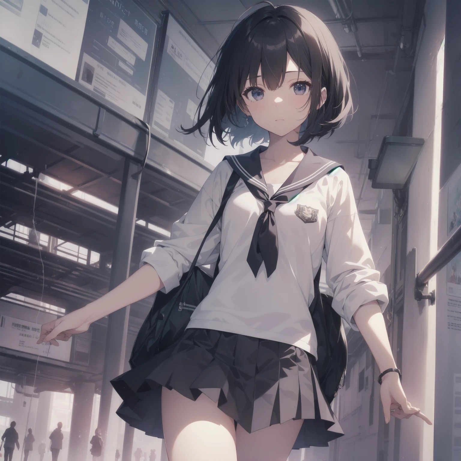 ultra-absurdres-Top quality by artist God, ultra-detailed, high resolution, anime moe artstyle, best anime 8k konachan wallpaper, pixiv contest winner, pool:2810, perfect anatomy,break, 1girl, (Please draw a girl walking sleepily to school alone. )break,(Solo,little female, 13-year-old:1.3),Full limbs, complete fingers,a junior high school student, (very short hair), short cut, flat chest, , small butt, small black eyes, beautiful detailed eyes, well-proportioned iris and pupils, expressive eyes, highres detailed hair, soft expression, salor school_uniform, sailor collar, serahuku, bow, pleated skirt,(Detailed Lighting), (Detailed background), in the School commute route. break,super detailed skin, Best cinematic lighting powered by famous artist, 8k,beauty illustration,photoshop_(medium),very aesthetic,break,((artist:kotorai )), artist:clamp ,artist:carnelian ,artist:kantoku ,