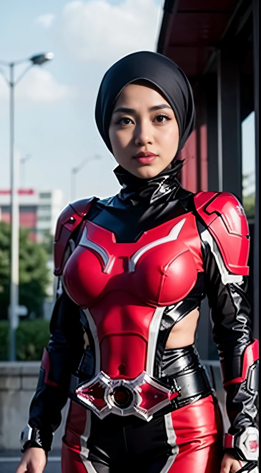 malay girl, Red Clothing Hijab, Red lips, shy, medium portrait, watery eyes, pink glowing particles, wearing Red Black Kamen Rider Costume, ((Small breasts)), Street City Building background, full body view.