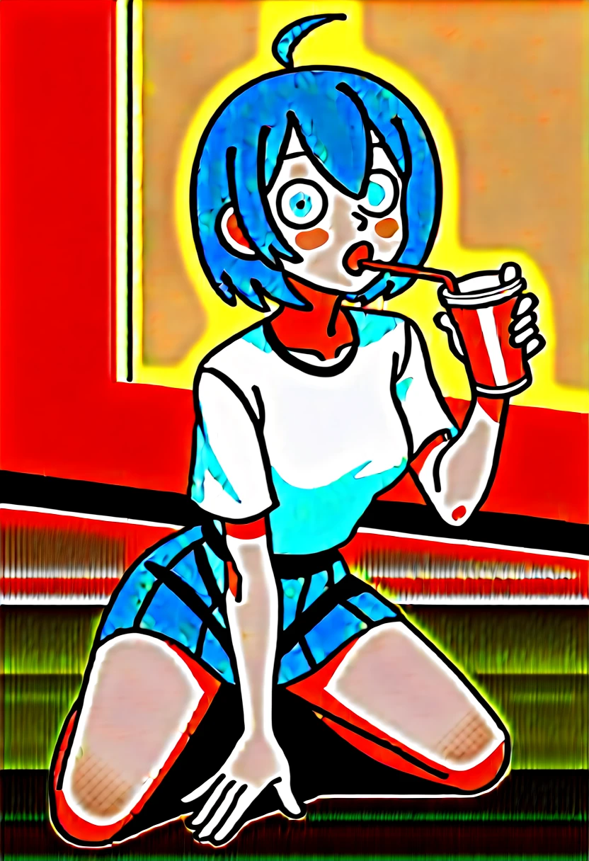 (masterpiece, best quality, very aesthetic, ultra detailed), intricate details, 1girl,,anna_yanami, skirt, blue eyes, blue hair, bow, shirt, ahoge, short sleeves, grey skirt, pleated skirt, , drinking, soda, straw in soda glass, kneeling, wooden floor, looking at viewer, surprised facial expression,shoulder length hair,dynamic pose