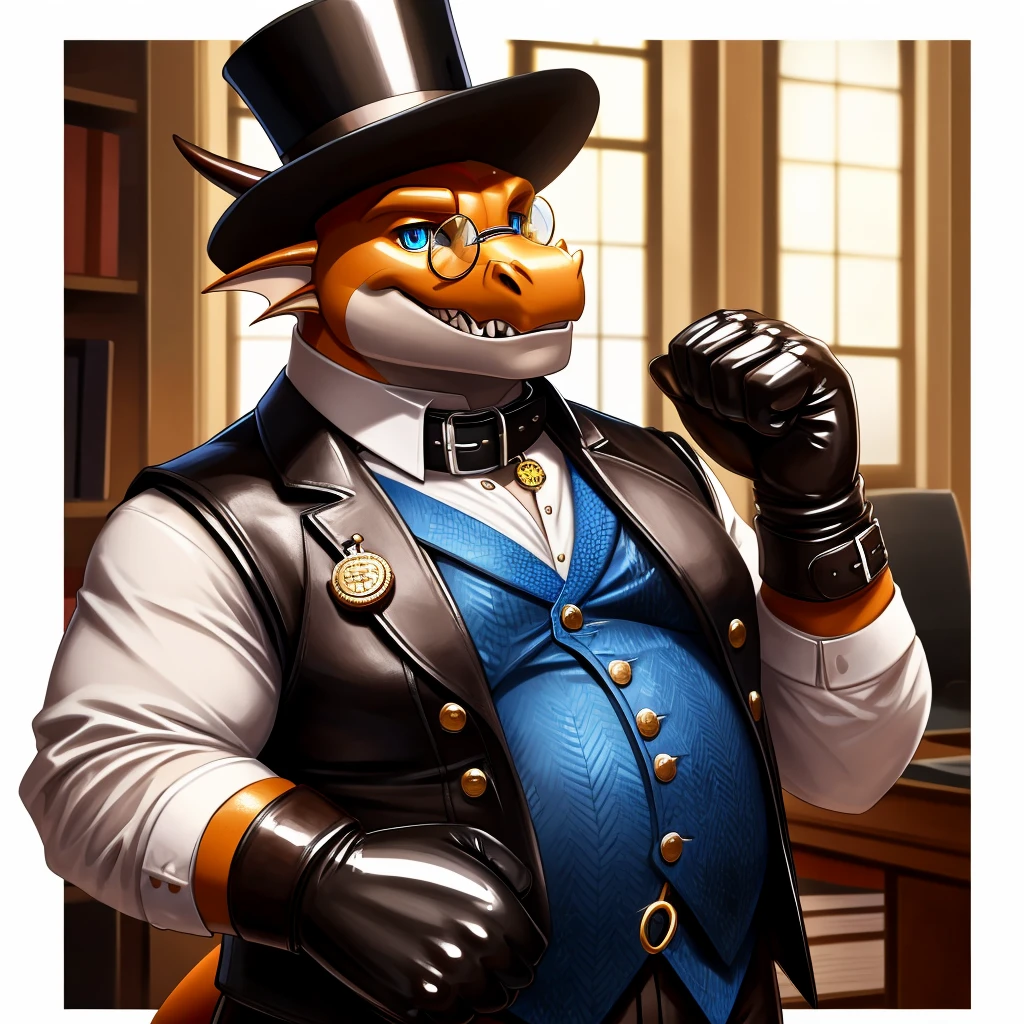 Solo, Male, fat, extremely obese, gentleman, dapper Professor Dragon, blue eyes, (posing:1.3), (soft shading), 4k, hi res, ((detailed face, detailed)), looking at viewer, mouth wide open, steampunk, dapper clothing, collared shirt with buttons, top hat, male focus, Explorer Outfit, glasses, monocle, vest with buttons, sleeves rolled up, round eyewear, brown headwear, brown vest, office, Dragon is wearing a glossy leather dog collar around the neck, Dragon is wearing the leather collar and shirt and vest at the same time, Dragon is wearing glossy white rubber gloves on the hands, wearing white rubber gloves on the feet, gloves are rubber in texture, clenching teeth, clenching fists, leather collar is glossy and shiny with a lot of detail, Dragon is wearing gloves and leather collar at the same time, leather collar has a round dog-tag, leather collar is thick and detailed, leather collar is glossy and shiny, fancy clothing, dapper vest, dapper shirt, leather collar is thick, glossy leather collar.