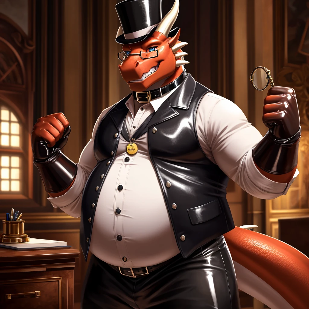 Solo, Male, fat, extremely obese, gentleman, dapper Professor Dragon, blue eyes, (posing:1.3), (soft shading), 4k, hi res, ((detailed face, detailed)), looking at viewer, mouth wide open, steampunk, dapper clothing, collared shirt with buttons, top hat, male focus, Explorer Outfit, glasses, monocle, vest with buttons, sleeves rolled up, round eyewear, brown headwear, brown vest, office, Dragon is wearing a glossy leather dog collar around the neck, Dragon is wearing the leather collar and shirt and vest at the same time, Dragon is wearing glossy white rubber gloves on the hands, wearing white rubber gloves on the feet, gloves are rubber in texture, clenching teeth, clenching fists, leather collar is glossy and shiny with a lot of detail, Dragon is wearing gloves and leather collar at the same time, leather collar has a round dog-tag, leather collar is thick and detailed, leather collar is glossy and shiny, fancy clothing, dapper vest, dapper shirt, leather collar is thick, glossy leather collar.