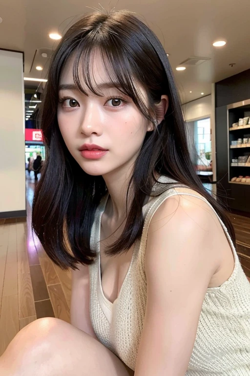(masterpiece:1.3), (8k, Realistic, RAW Photos, Best image quality: 1.4), (Random Hairstyles:1.2)、Mid-chest、(Highly detailed face)、Attention to detail、double eyelid、(Dark Eyes)、(Sharp focus:1.2)、Beautiful woman:1.4、25 year old woman、((Black Hair))、Chest-length hair、(Sleeveless jacket)、Highest quality、masterpiece、Ultra-high resolution、(Realistic:1.4)、super high quality、Symmetrical face、The face is very realistic、Photo level、8k最高画質はフル、Sebaceous reflex、The face is very realistic、Extremely realistic skin、Realistic light and shadow effects、((Angle above the knee))、(A beige vest over a white inner camisole)、flare skirt、Shopping mall