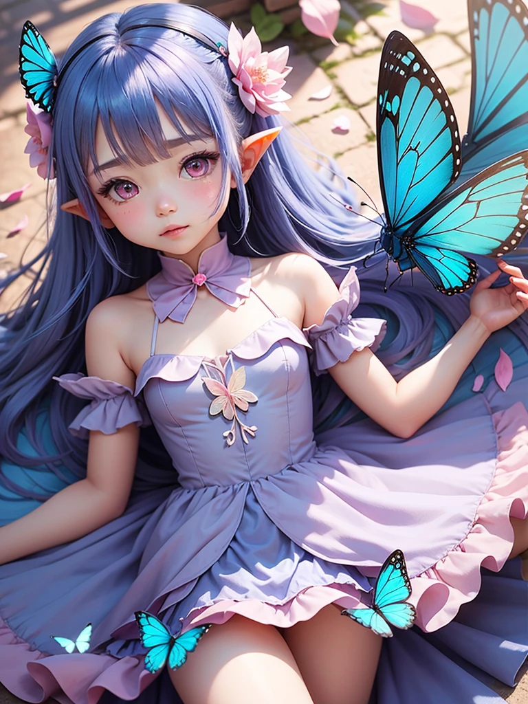 cute little Fairy, blue butterfly, 紫 hair, pink eyes, dress pointy ears dress made of petals leaves