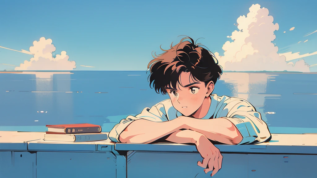 best quality, 4k wallpaper, masterpiece, very detailed CG Unity 8k 벽지, very detailed 눈, very detailed, intricate details, retro,  Library Landscape, brown hair 20 year old boy,  Looking at the entire upper body,  incredibly blue sea background, Incredibly blue cloudy sky background