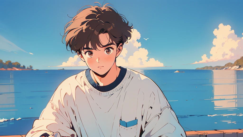 best quality, 4k wallpaper, masterpiece, very detailed CG Unity 8k 벽지, very detailed 눈, very detailed, intricate details, retro,  Library Landscape, brown hair 20 year old boy,  Looking at the entire upper body,  incredibly blue sea background, Incredibly blue cloudy sky background