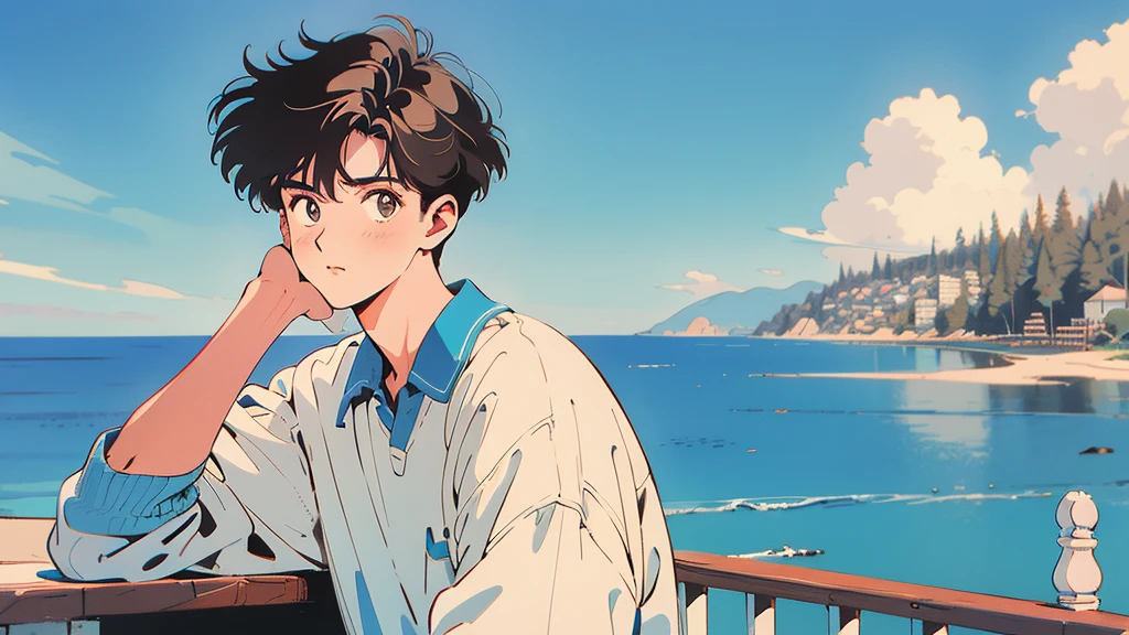best quality, 4k wallpaper, masterpiece, very detailed CG Unity 8k 벽지, very detailed 눈, very detailed, intricate details, retro,  Library Landscape, brown hair 20 year old boy,  Looking at the entire upper body,  incredibly blue sea background, Incredibly blue cloudy sky background