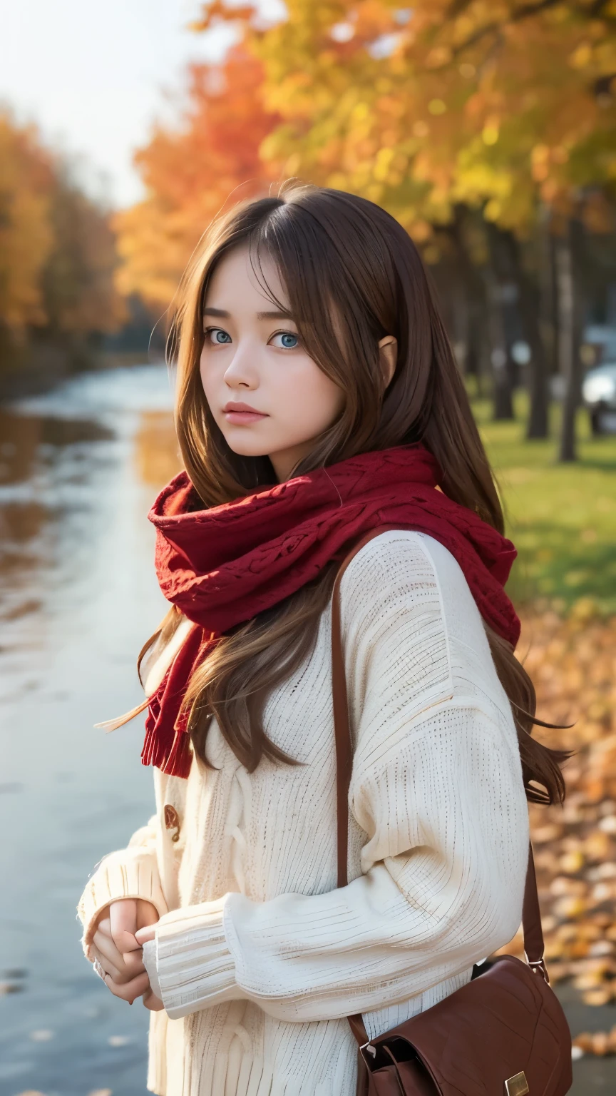 (masterpiece), Highest quality, Very detailed, figure, Warm lighting, Soft lighting, Bright colors, 1 girl, alone,( beautiful girl, Long Hair, blue eyes, ribbon, Brown Hair, Hair between the eyes, hair ribbon, Side Lock, very Long Hair, Messy Hair,) , autumn, Lots of maple trees, maple leaf, Golden Leaf, autumn leaves, Dry leaves, river,  Fresh air,  peace, Cool breeze , Sweater Weather,( Wear a white or brown sweater, Red scarf, melancholyなautumn, Lost in Thought, melancholy, sad ,Worried, longing,)