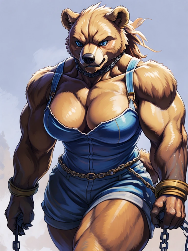 (masterpiece), (best quality),Woman ((anthro)) , (bear girl),1girl,solo,(sharp focus),((look at viewer)),,mature female, (farmer outfit), perfect eyes,eyeshadow, dr comet,pochincoff,Pixelsketcher, (mayosplash), (wamudrawasterpiece),cutesexyrobutts, hioshiru,kingbang,shiny skin,  fluffy hips, (detailed brown fur:1.3),angry,grind teeth, (massive muscles),chained,chain collar,((simple background:1.0)),
