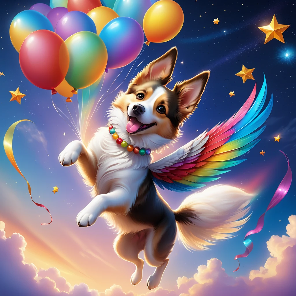 A flying dog with colorful feathers soaring in the sky, surrounded by dreamy background and twinkling stars, accompanied by balloons, wearing a cheerful smile, intricate details, and high-definition image quality. (best quality,4k,8k,highres,masterpiece:1.2),ultra-detailed,(realistic,photorealistic,photo-realistic:1.37),vivid colors,studio lighting